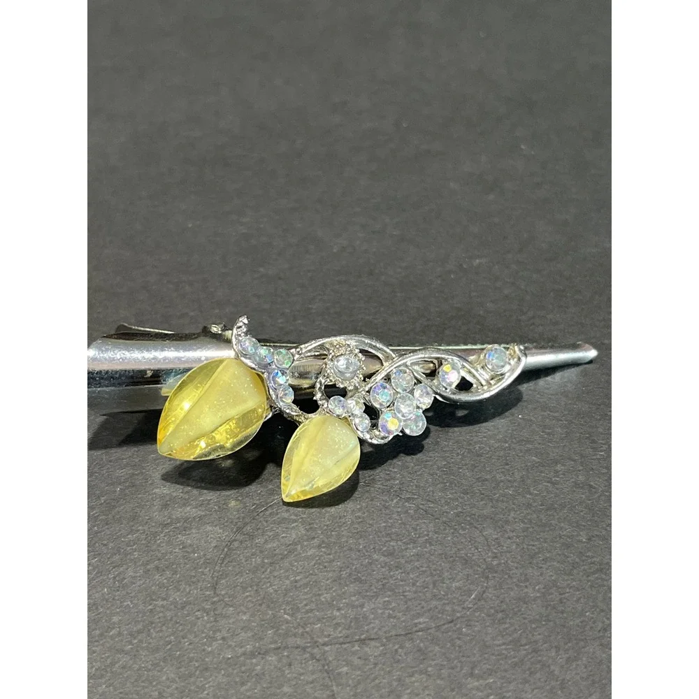 Silver Tone Yellow Teardrop AB Rhinestone Filigree Alligator Hair Clips Set of 2
